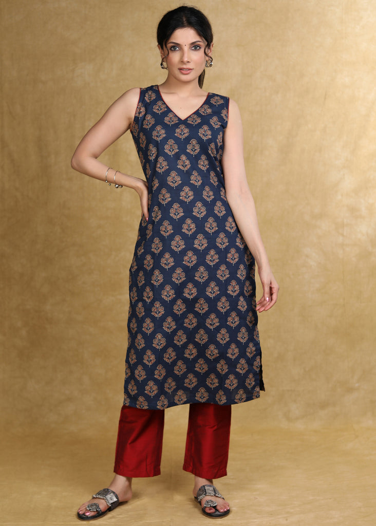 Elegant Blue Printed Ajrakh Sleeveless Kurta