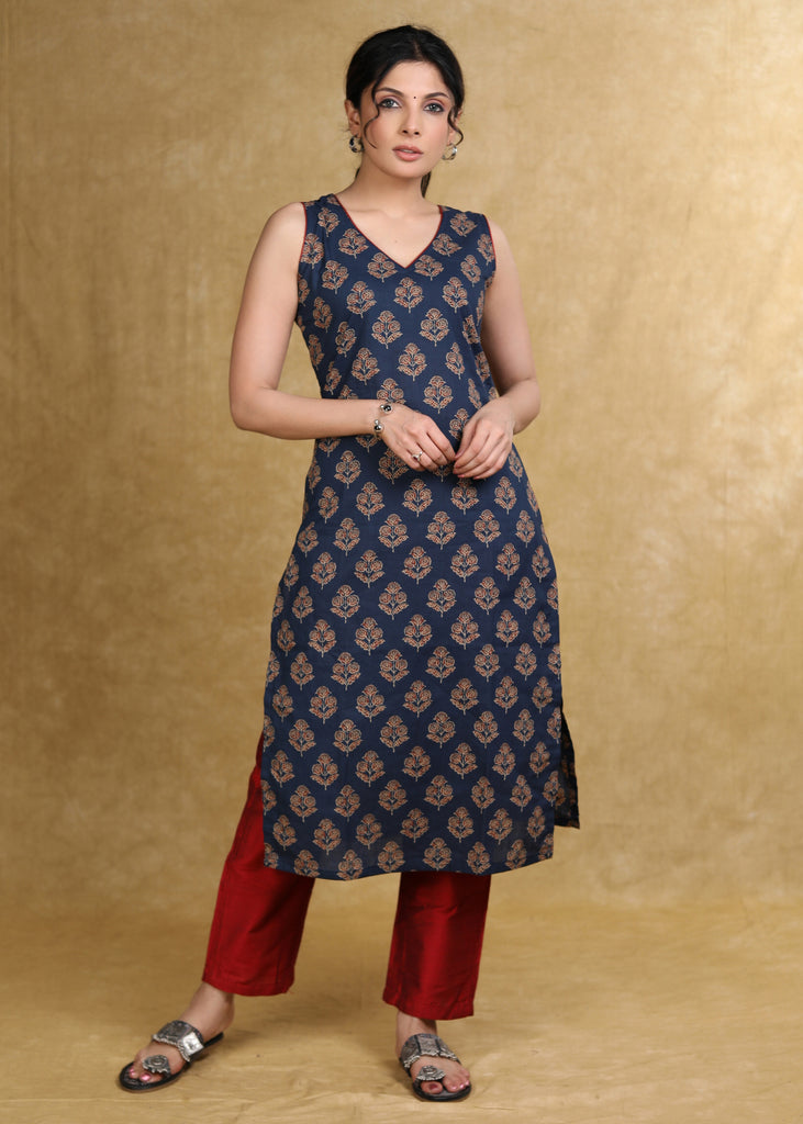 Elegant Blue Printed Ajrakh Sleeveless Kurta