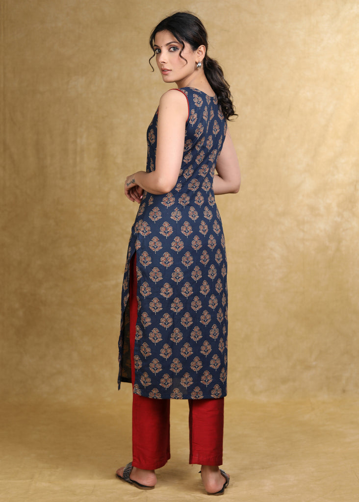 Elegant Blue Printed Ajrakh Sleeveless Kurta