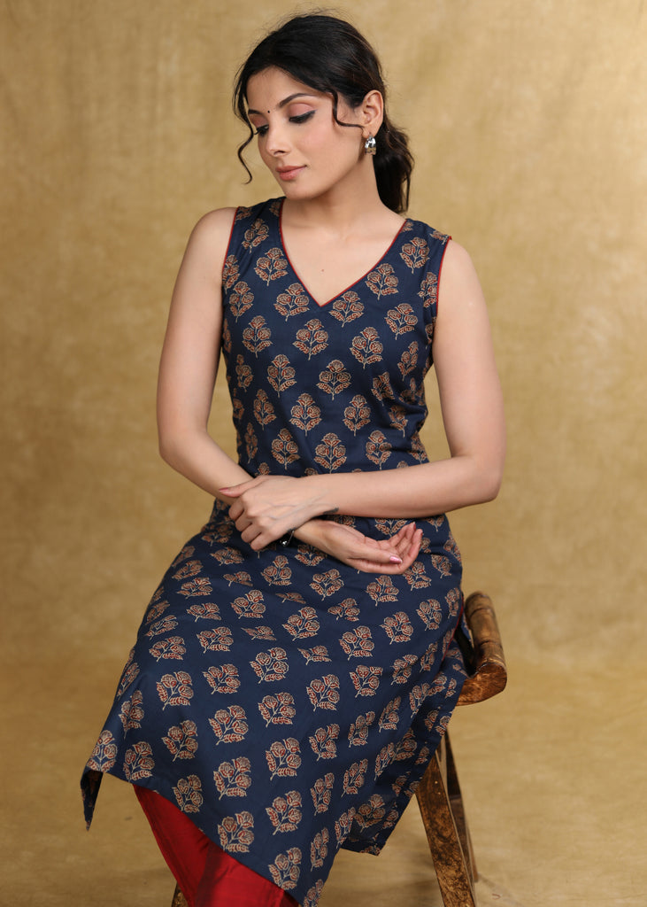 Elegant Blue Printed Ajrakh Sleeveless Kurta