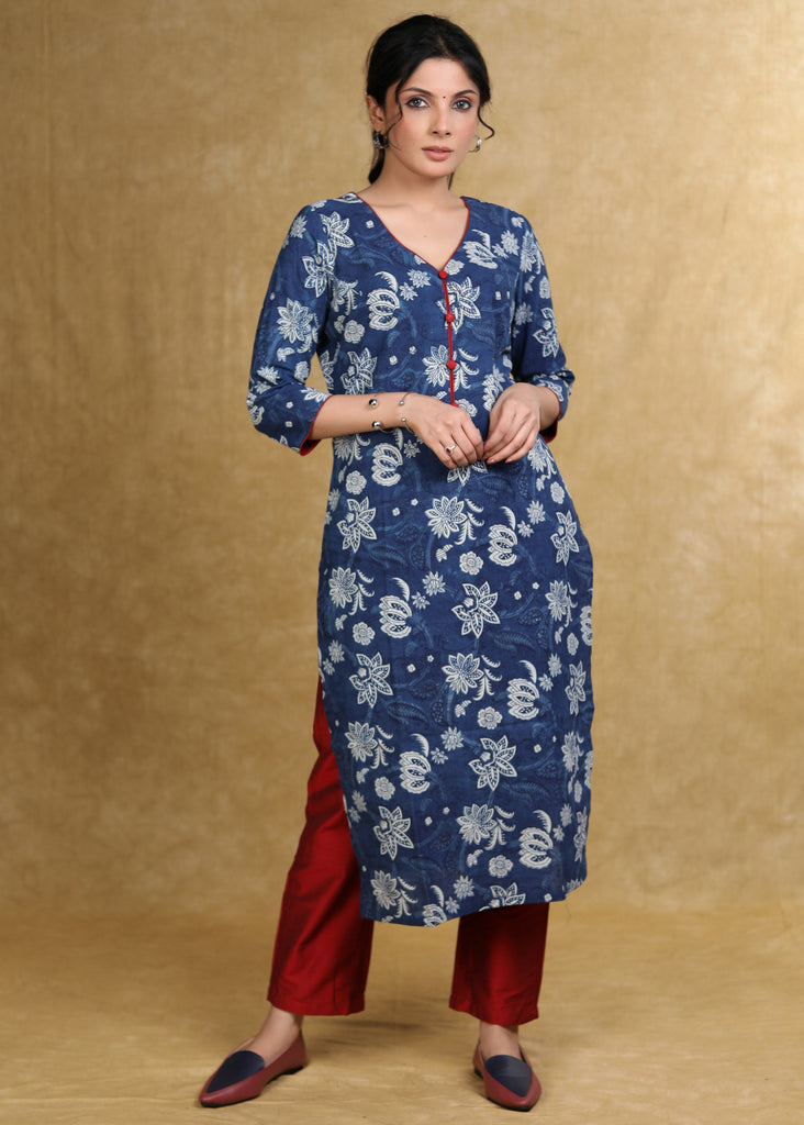 Easy To Wear Cotton Floral Indigo Kurta
