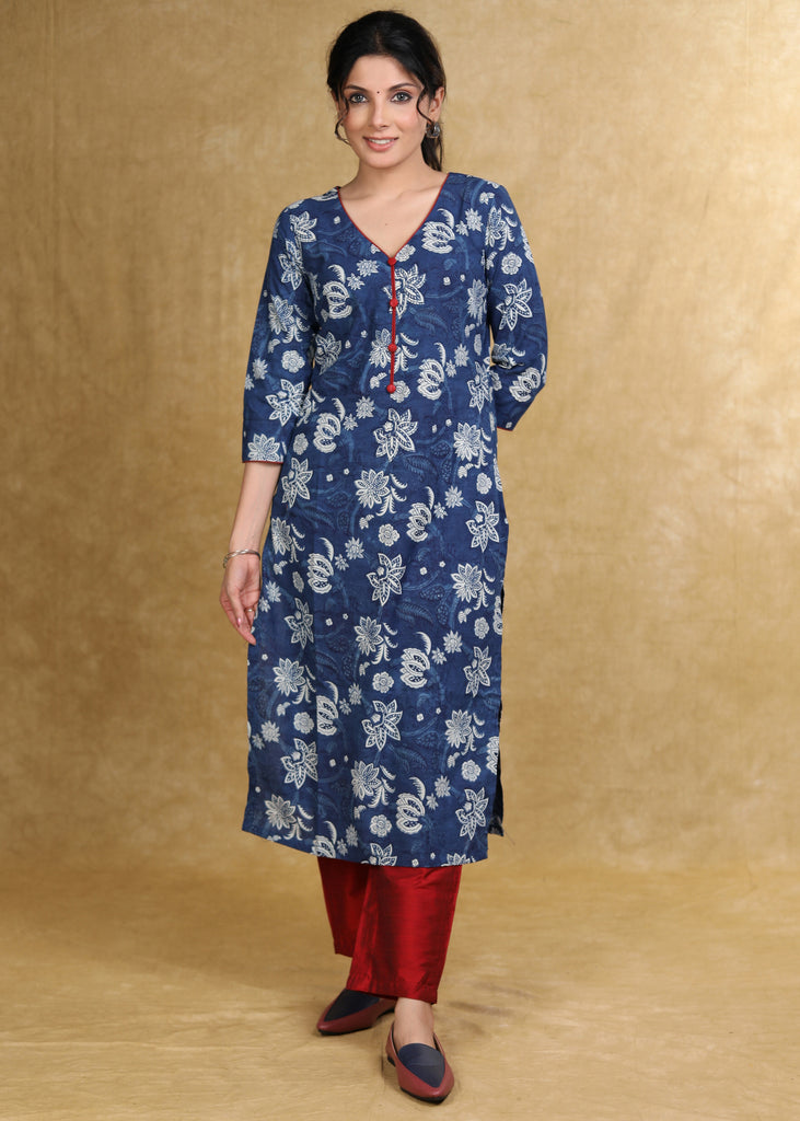 Easy To Wear Cotton Floral Indigo Kurta