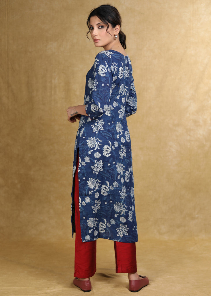 Easy To Wear Cotton Floral Indigo Kurta