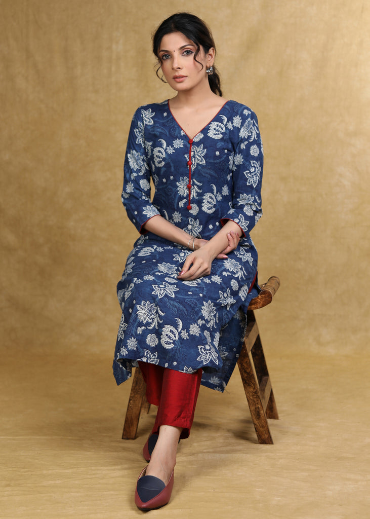 Easy To Wear Cotton Floral Indigo Kurta