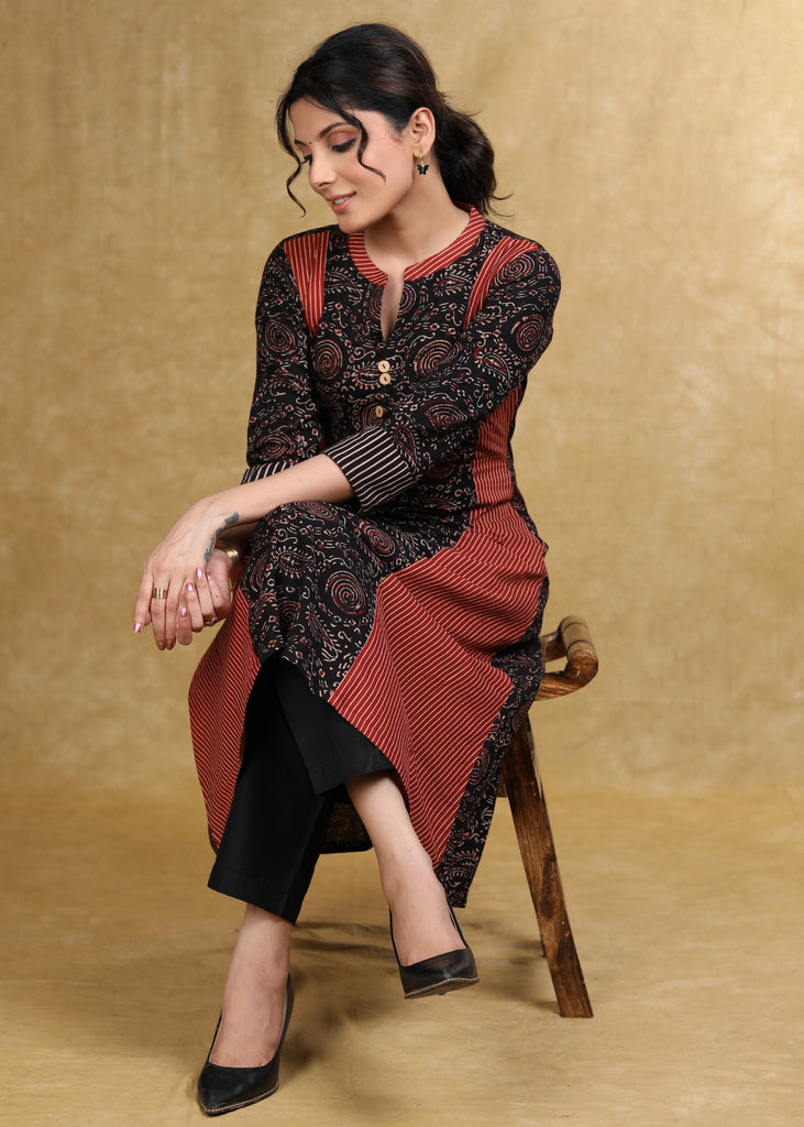 A-Line Black Maroon Ajrakh Combination Kurta