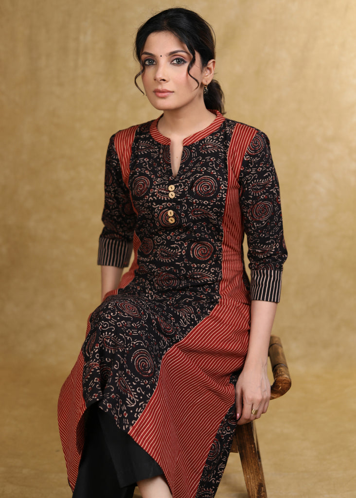 A-Line Black Maroon Ajrakh Combination Kurta