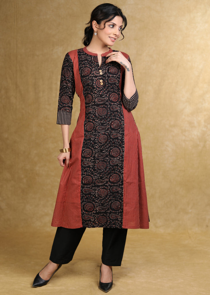 A-Line Black Maroon Ajrakh Combination Kurta