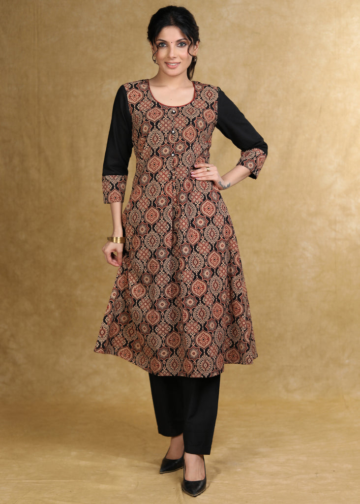 Classy Black Cotton Ajrakh Box Pleated Kurta