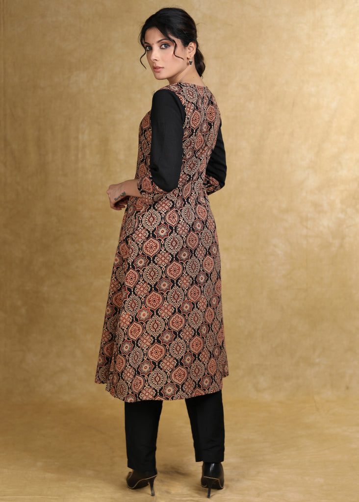 Classy Black Cotton Ajrakh Box Pleated Kurta