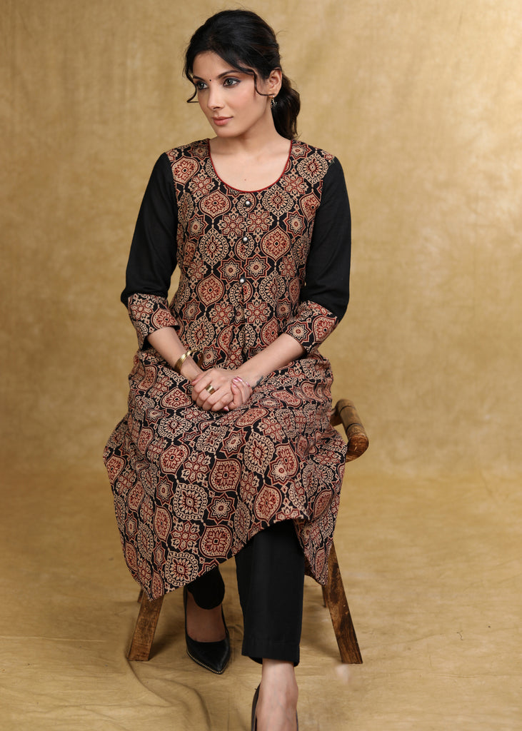 Classy Black Cotton Ajrakh Box Pleated Kurta