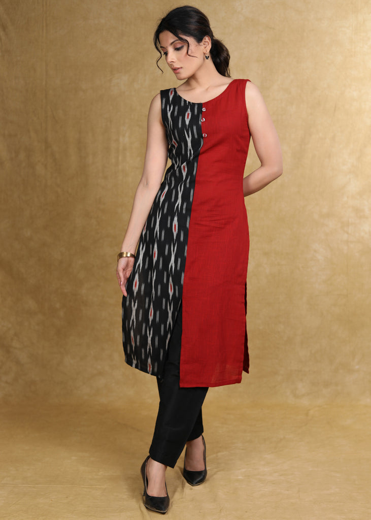 Elegant Maroon Cotton and Ikat Combination Half and Half Kurta