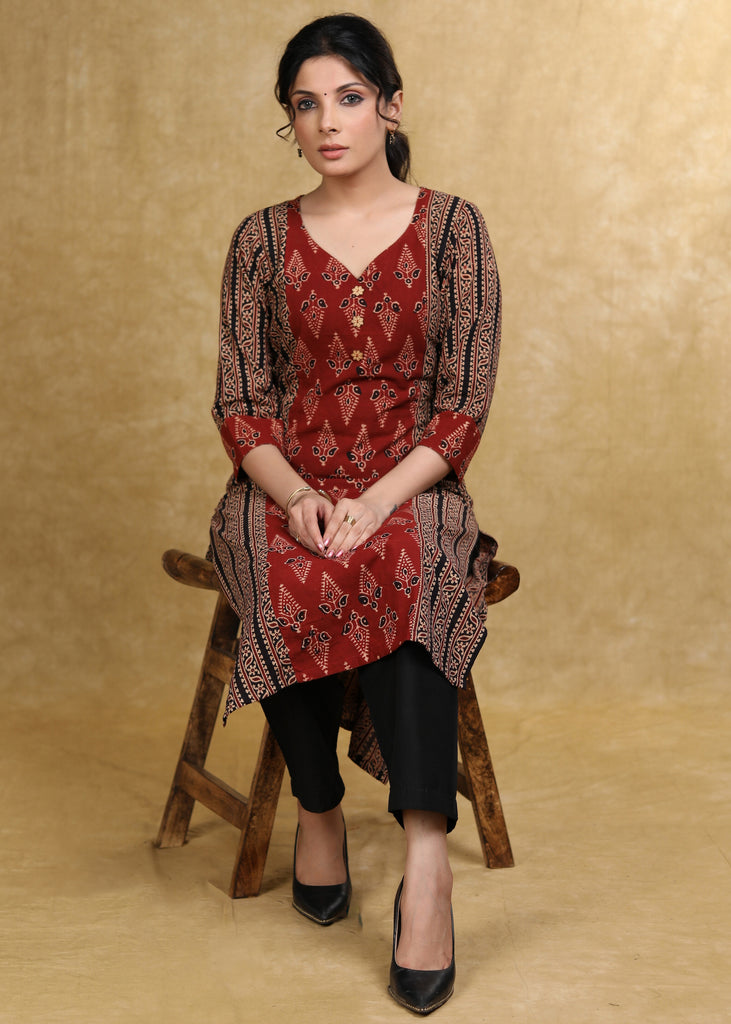 Smart Marron Black Cotton Ajrakh Combination Kurta