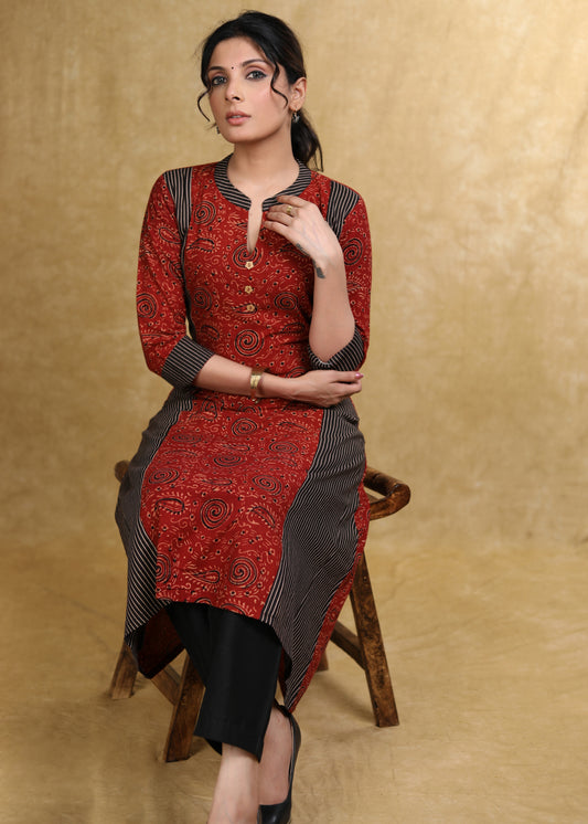 A-Line Maroon Black Ajrakh Combination Kurta