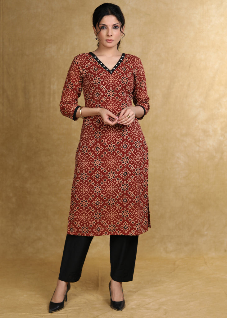 Easy To Wear Maroon Cotton Ajrakh Straight Cut Kurta with Pearl Embellishment