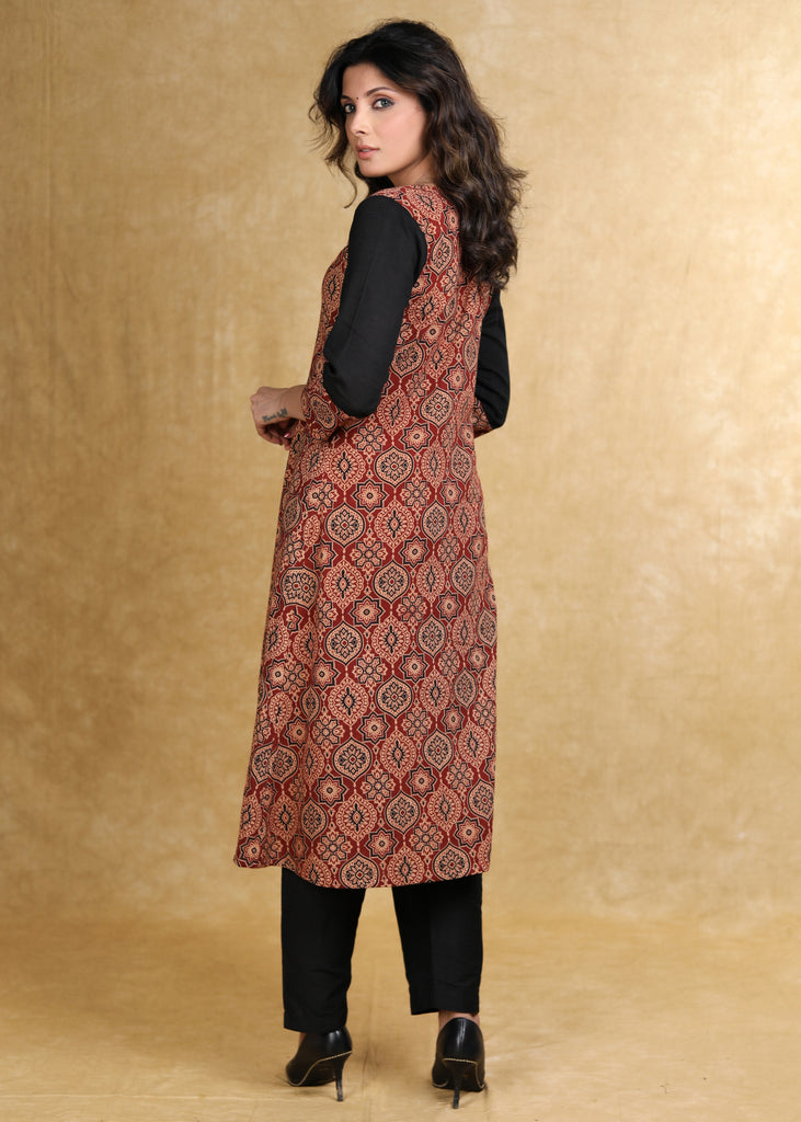 Classy Maroon Cotton Ajrakh Box Pleated Kurta
