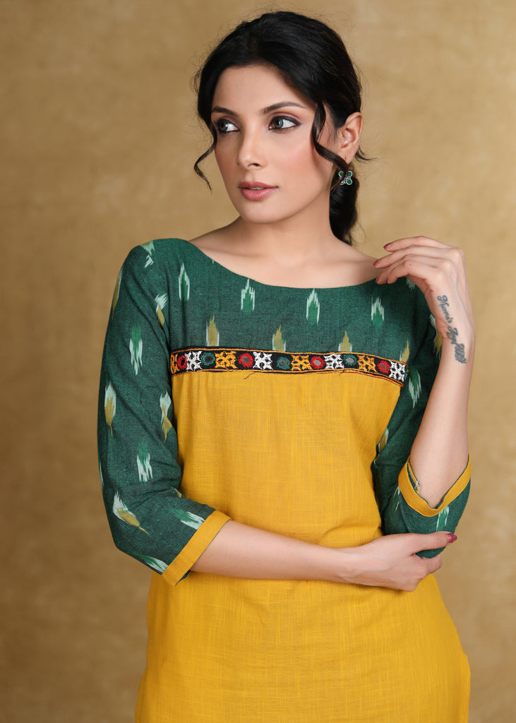 Elegant Cotton Ikat Combination Kurti Highlighted with Mirror Lace