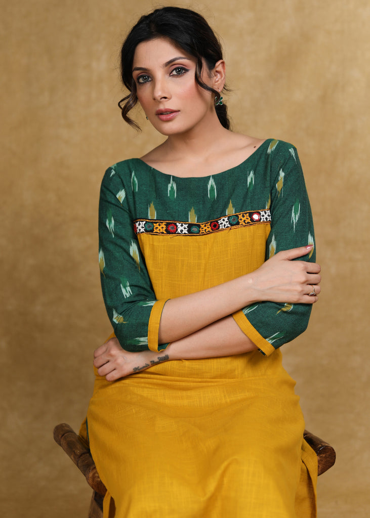 Elegant Cotton Ikat Combination Kurti Highlighted with Mirror Lace