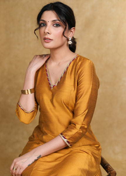 Ethnic Mustard Cotton Silk A-Line Kurti Highlighted with Gotta Patti - Coord Pant Optional