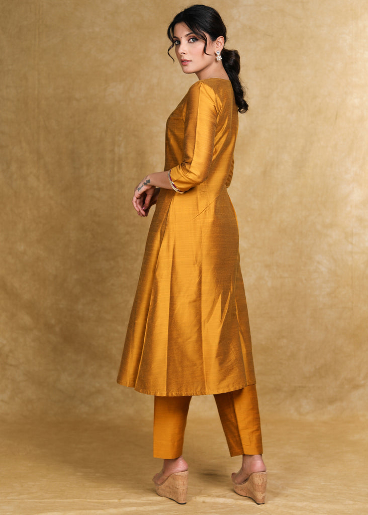 Ethnic Mustard Cotton Silk A-Line Kurti Highlighted with Gotta Patti - Coord Pant Optional
