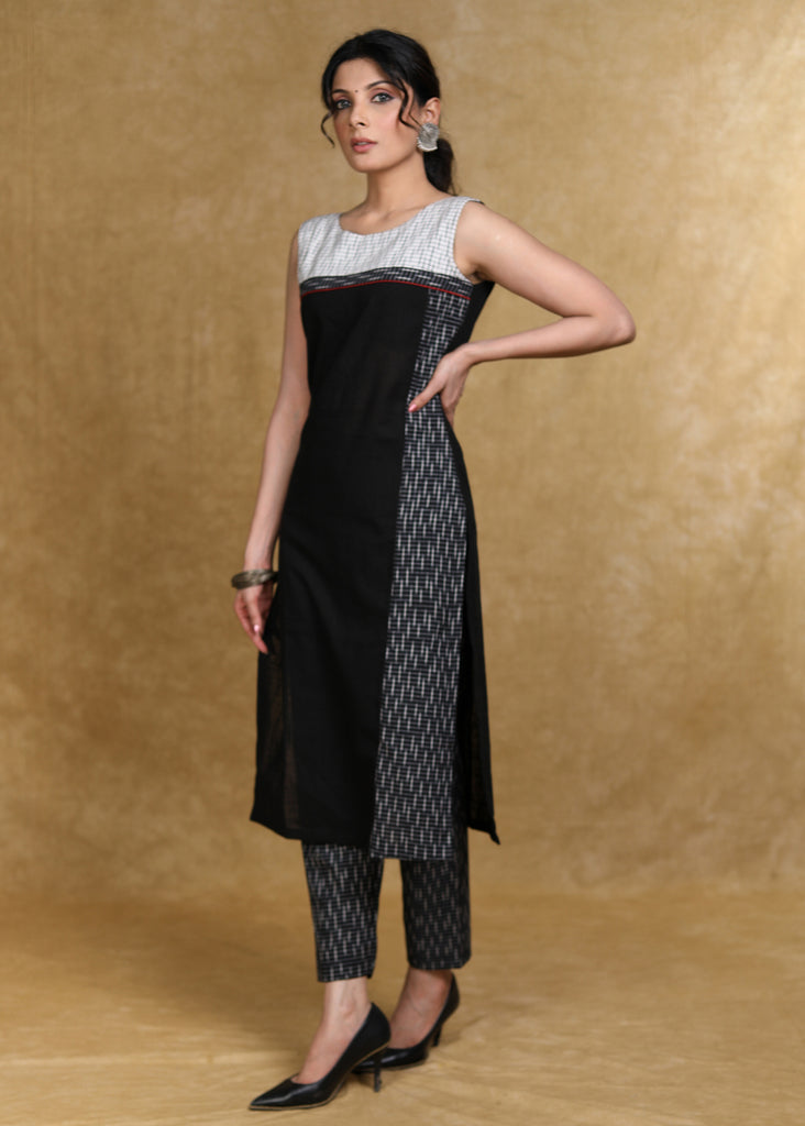 Elegant Black Cotton and Ikat Combination Kurti