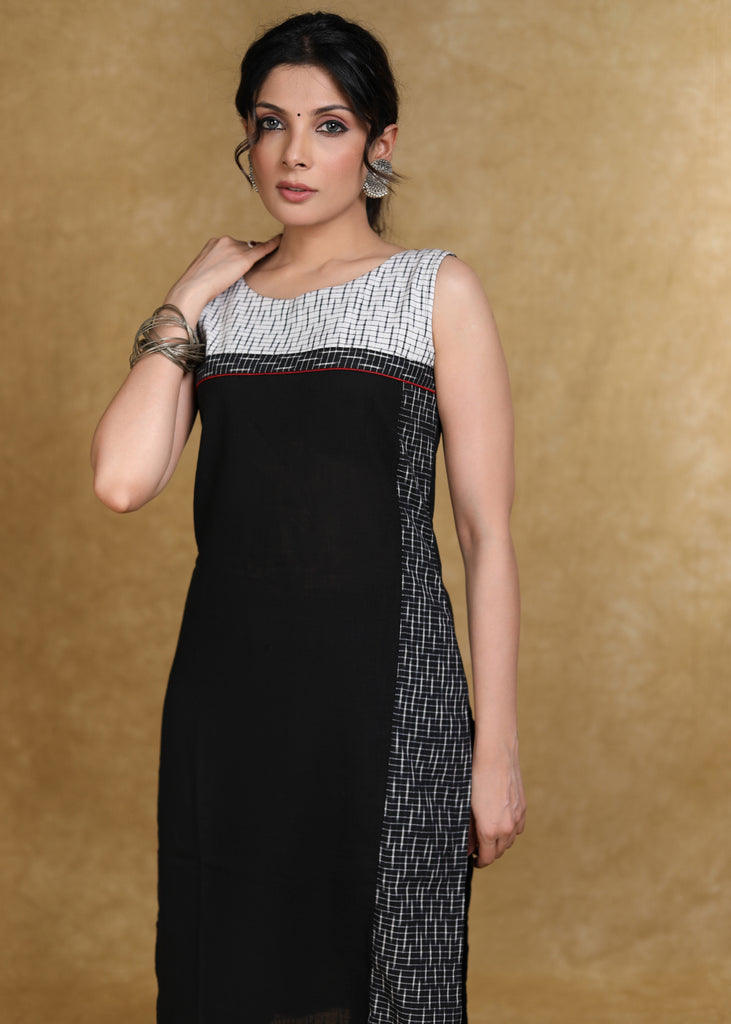 Elegant Black Cotton and Ikat Combination Kurti