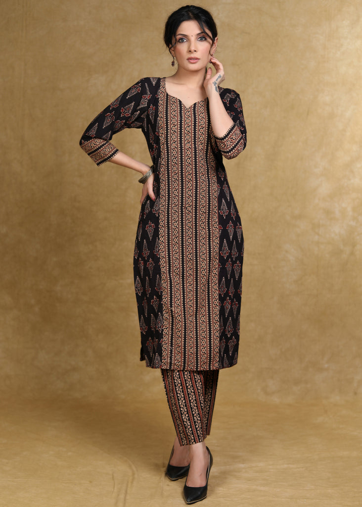 Black Cotton Ajrakh Combination Kurta