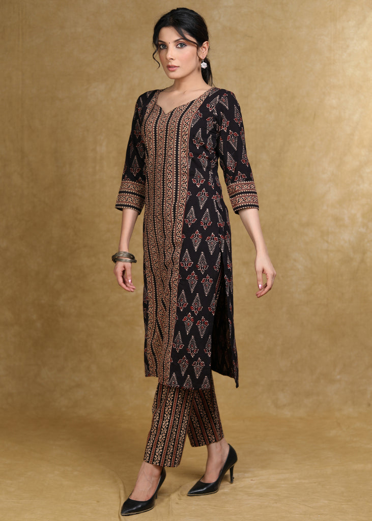 Black Cotton Ajrakh Combination Kurta