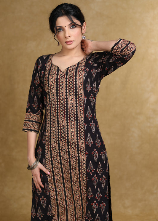 Black Cotton Ajrakh Combination Kurta