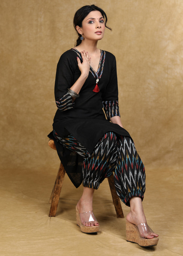 Classy Black Cotton Kurta with Ikat Combination