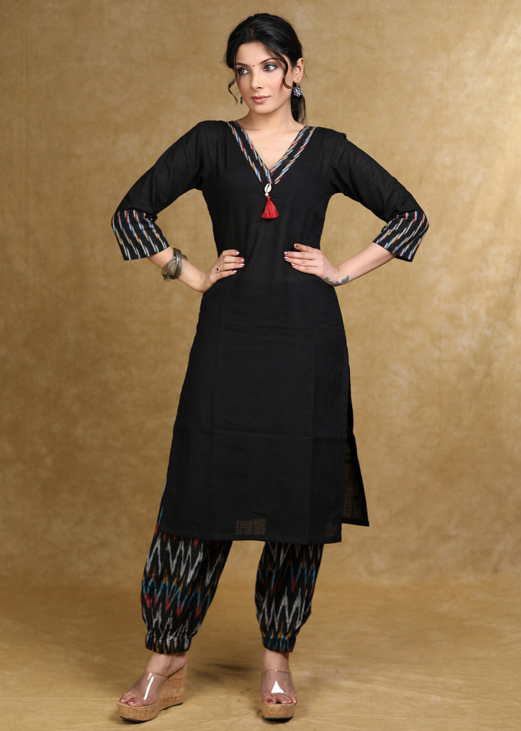Classy Black Cotton Kurta with Ikat Combination