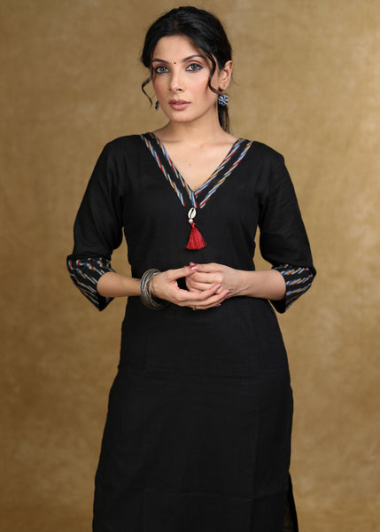 Classy Black Cotton Kurta with Ikat Combination