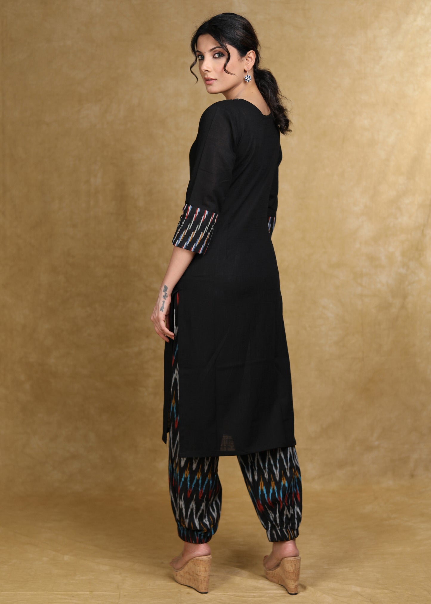 Classy Black Cotton Kurta with Ikat Combination