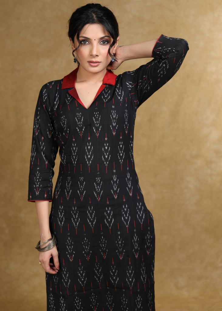 Trendy Black Ikat Kurta with Contrast Collar - Coord Pant Optional