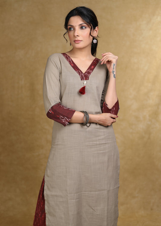 Smart Beige Kurta with Maroon Ikat Combination