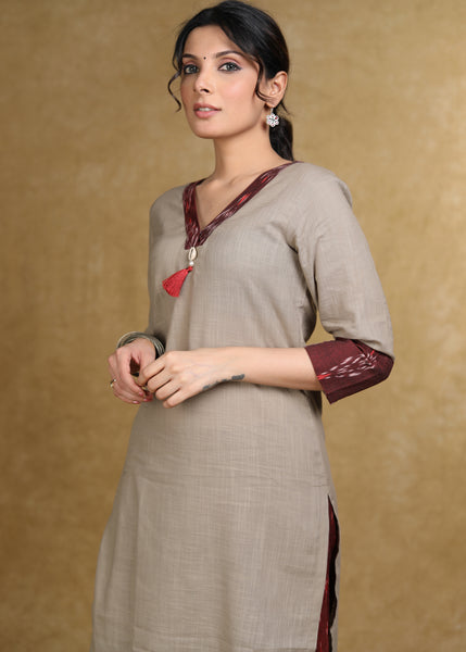 Smart Beige Kurta with Maroon Ikat Combination