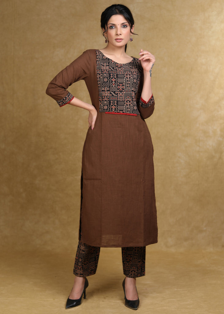 Trendy Coffee Brown Cotton Kurta with Ajrakh Yoke