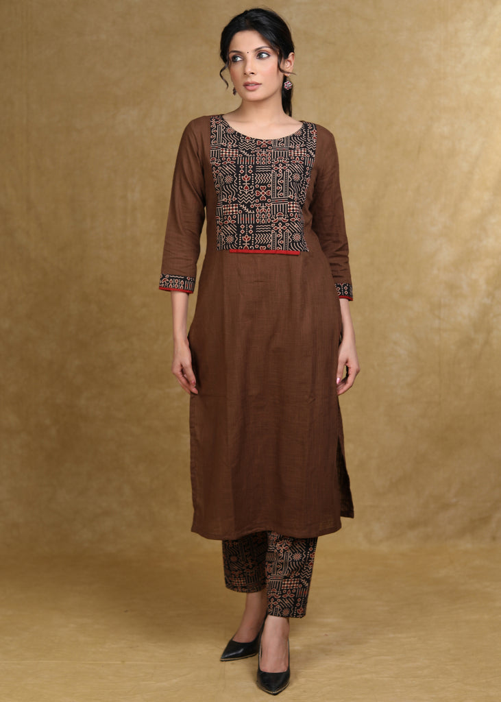 Trendy Coffee Brown Cotton Kurta with Ajrakh Yoke