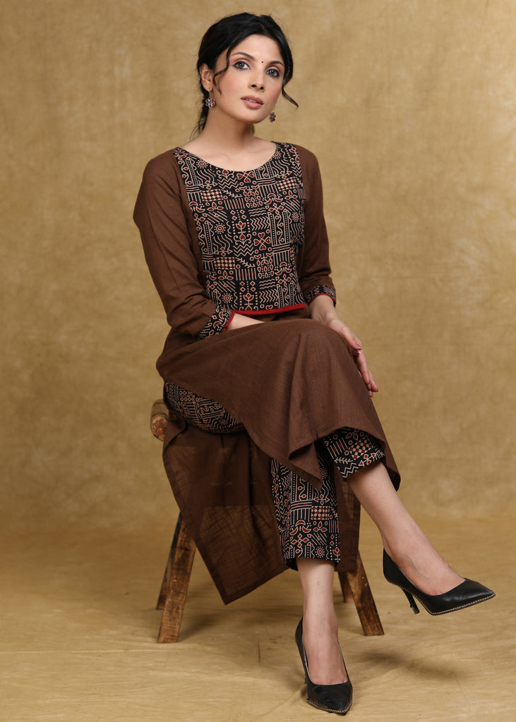 Trendy Coffee Brown Cotton Kurta with Ajrakh Yoke
