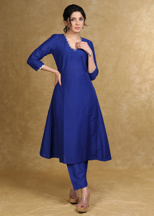 Ethnic Royal Blue Cotton Silk A-Line Kurti Highlighted with Gotta Patti - Coord Pant Optional