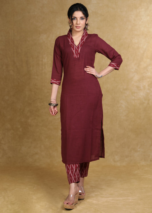 Smart Maroon Cotton Kurta with Ikat Detailing