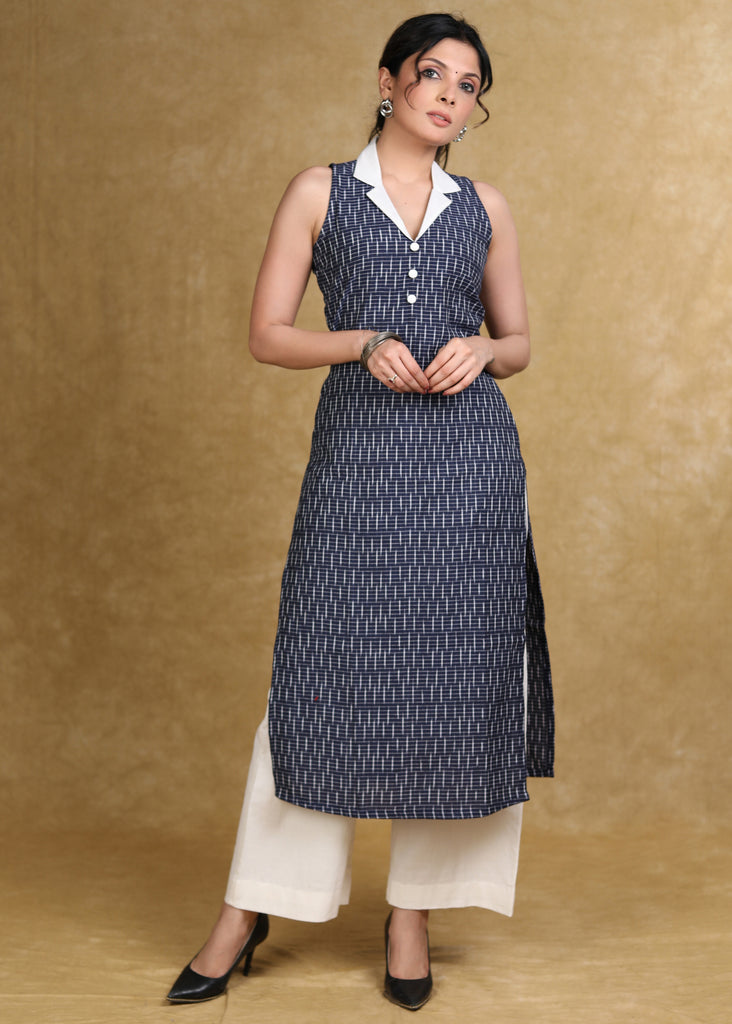 Smart Casual Collared Blue Ikat Kurta