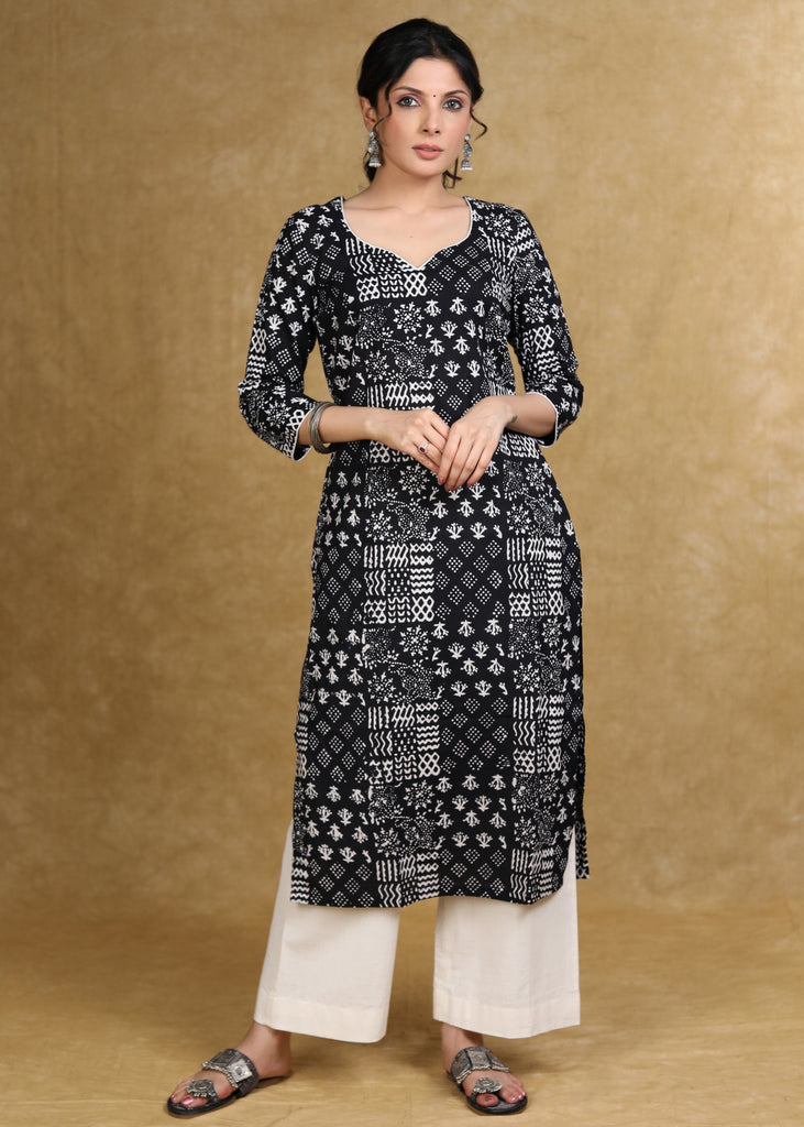 Easy To Wear Cotton Black Patch Work Printed Kurta