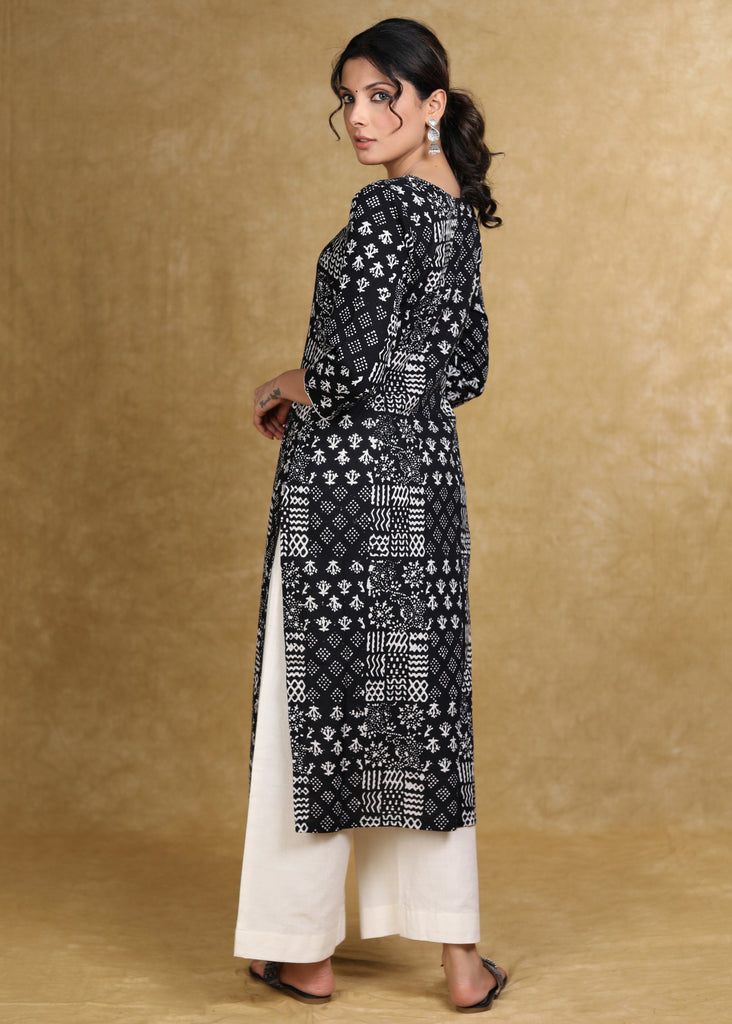 Easy To Wear Cotton Black Patch Work Printed Kurta