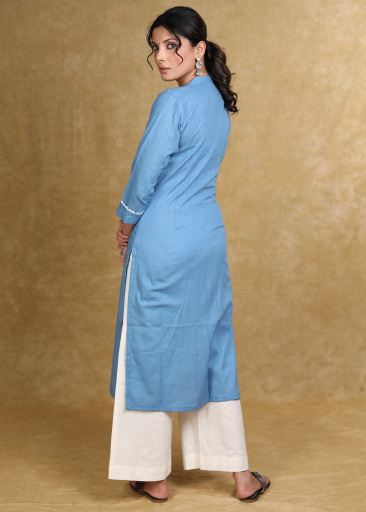 Classy Powder Blue Cotton Straight Cut Kurta with White Laces