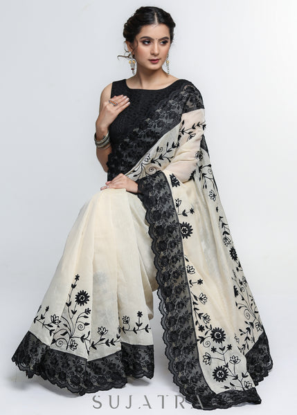 Mesmerizing Cream Chanderi Saree with Beautiful Black Embroidery & Delicate Border