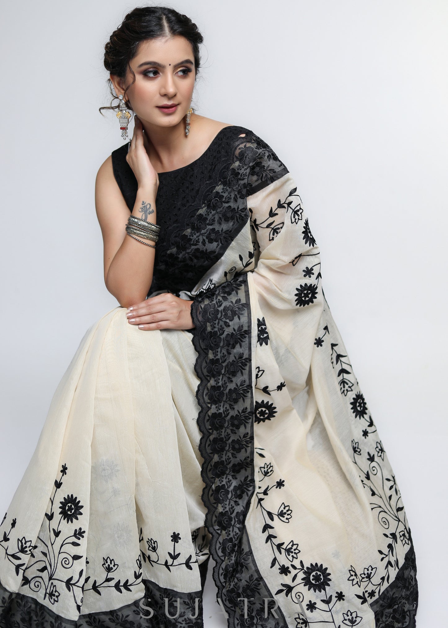 Mesmerizing Cream Chanderi Saree with Beautiful Black Embroidery & Delicate Border