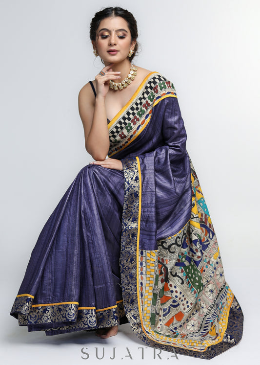 Designer Pure Ghicha Silk Saree with Madhubani Palu & Banarasi Border