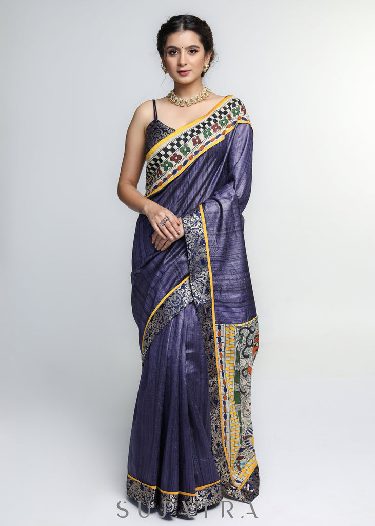 Designer Pure Ghicha Silk Saree with Madhubani Palu & Banarasi Border