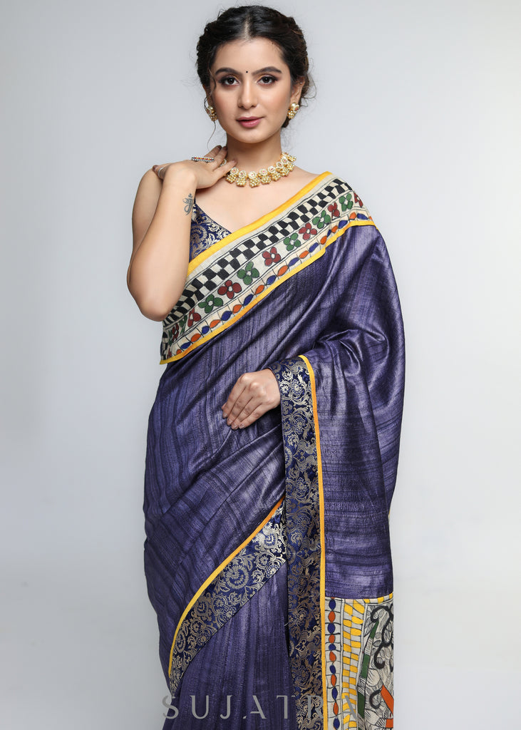 Designer Pure Ghicha Silk Saree with Madhubani Palu & Banarasi Border