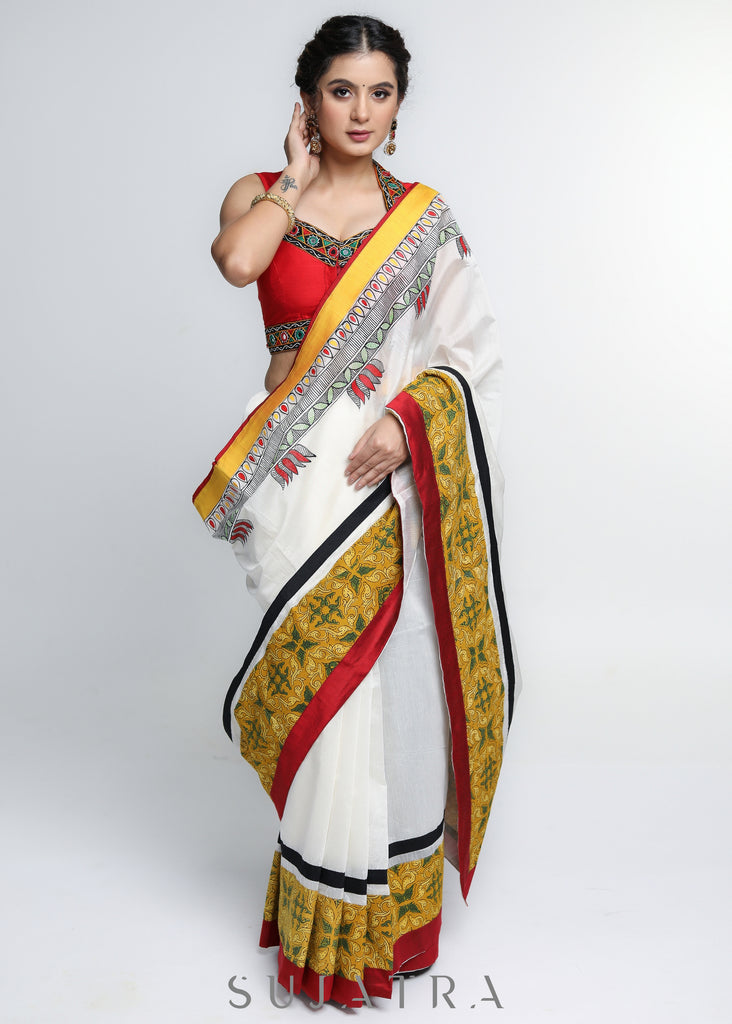 Stylish White Chanderi Saree with Mustard Ajrakh Border & Gond Painting Detailing
